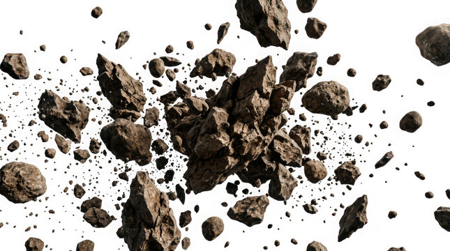 Group of asteroids or meteorites floating in space isolated on transparent background