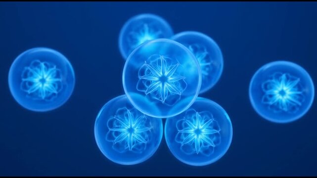 Glowing blue orbs float in space surrounded by darkness and light.