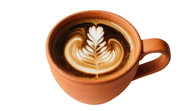 Terracotta cup with latte art coffee, isolated on transparent background