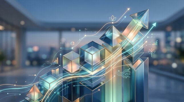 Abstract 3D business growth chart with rising arrows and glowing data lines, future technology concept