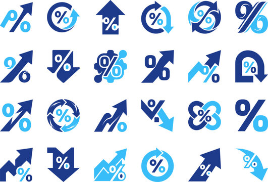 Set of blue percentage icons and symbols representing finance and business growth on white background.