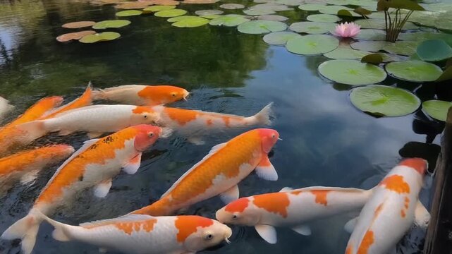 Cinematic Slow Motion Vibrant Orange White Koi Fish Swimming Japanese Garden Pond Loop