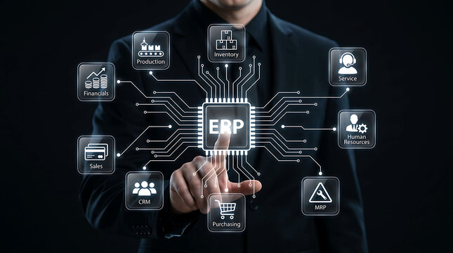 Enterprise resource planning ERP system concept with businessman touching chip icon