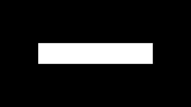 Solid white rectangle label text box expanding from center animation on transparent background. Alpha channel included