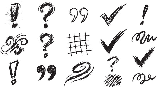 Hand Drawn Punctuation Marks and Check Icons Set Crayon Texture Vector Doodle Elements