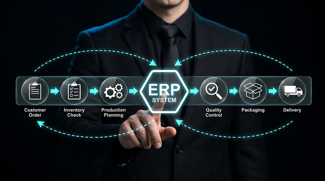 Enterprise resource planning ERP system concept with businessman pointing at process diagram