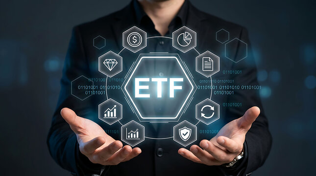 Exchange traded fund ETF technology concept with businessman holding virtual icons