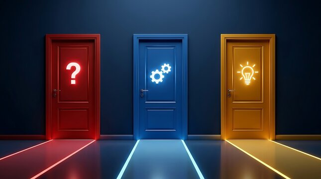 Three Doors Representing Different Choices: Question Mark for Uncertainty, Gears for Process, and Lightbulb for Idea.