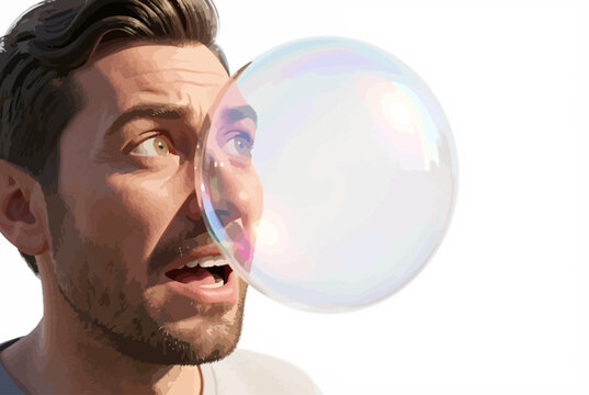 Man Blowing Bubble Gum With Surprise Expression.