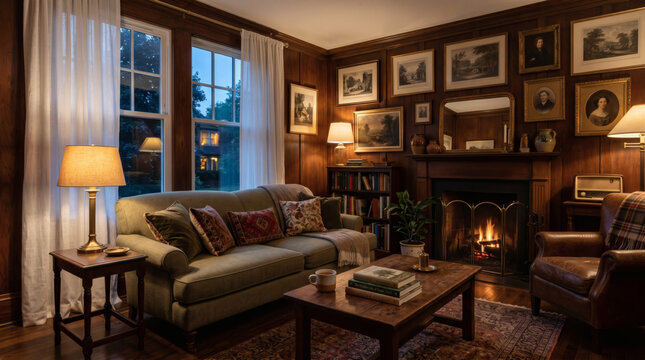 Warm Cozy Living Room With Fireplace, Wooden Paneling And Classic Home Decor