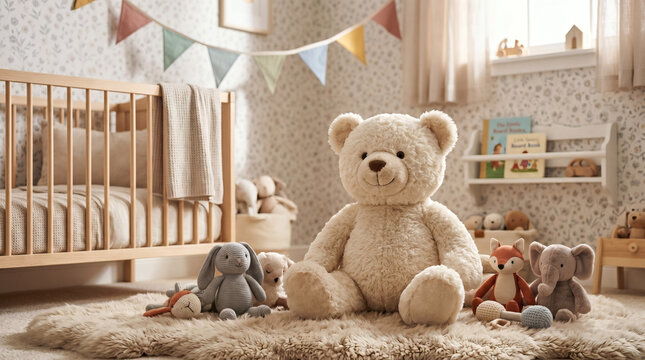 Adorable Teddy Bear In Soft Pastel Nursery Room With Plush Toys And Baby Crib