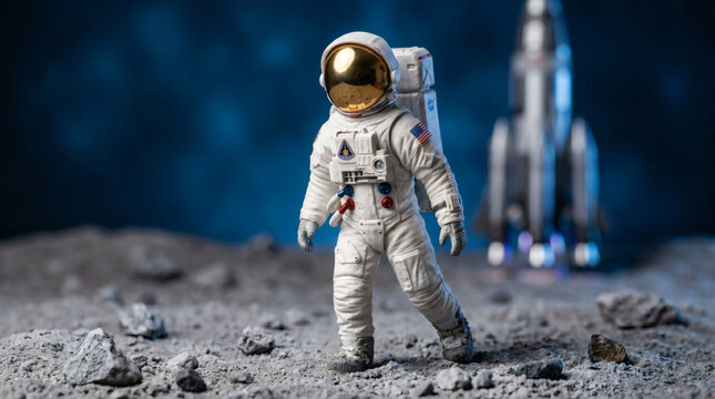 Astronaut Exploring Lunar Surface With Rocket In Background