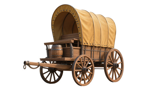 Wooden covered wagon with barrel and seats, isolated on transparent background