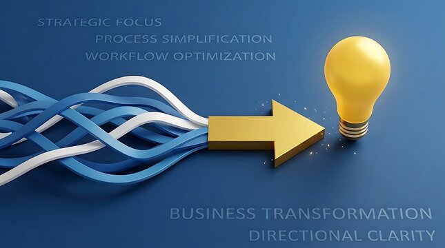 Yellow light bulb ignites an idea, transforming tangled paths into a clear golden arrow symbolizing strategic focus and business transformation.