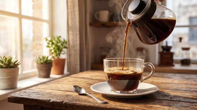 Pouring Fresh Hot Coffee Into Glass Cup By Sunny Window