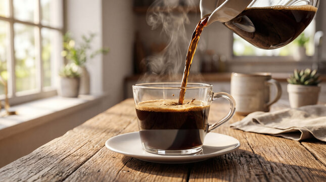 Freshly Brewed Coffee Pouring Into Glass Cup On Rustic Table
