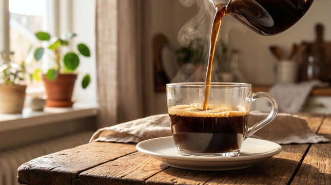 Hot Black Coffee Being Poured Into Glass Cup Near Sunny Window