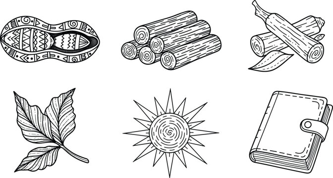 Doodle Icons Set with Folk Art Style Sketches of Natural Elements and Objects