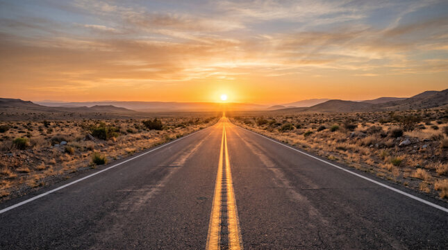 Straight Desert Highway Leading to Sunset Horizon