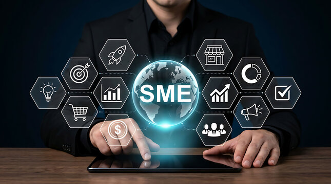 SME small and medium enterprise global business development concept with businessman working on tablet computer