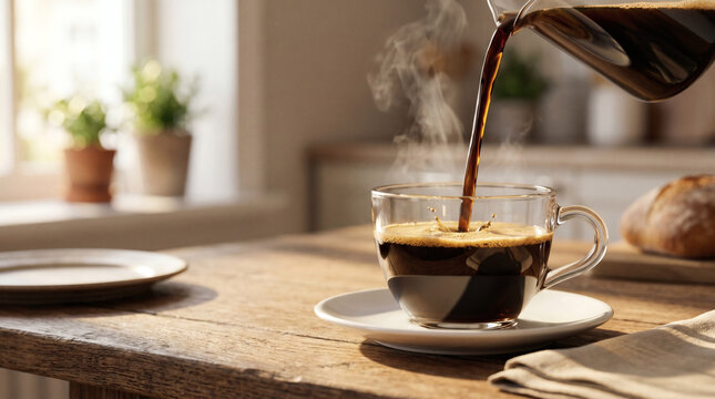 Fresh Black Coffee Pouring Into Glass Cup on Rustic Wooden Table