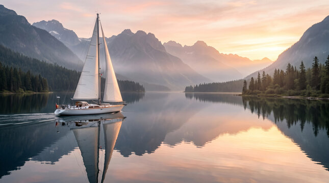 Elegant Sailboat Reflecting on a Serene Mountain Lake at Sunrise