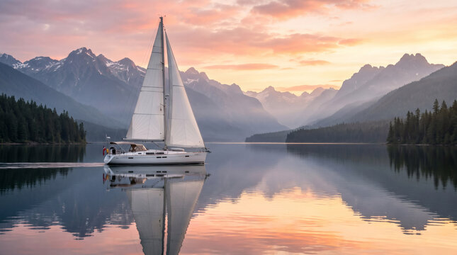 Luxury Sailboat on a Calm Alpine Lake at Sunset