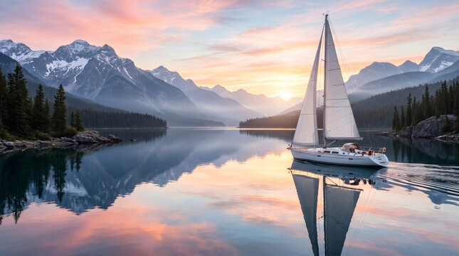 Luxury Sailboat Gliding Across a Mirror Lake at Sunrise Surrounded by Majestic Mountains