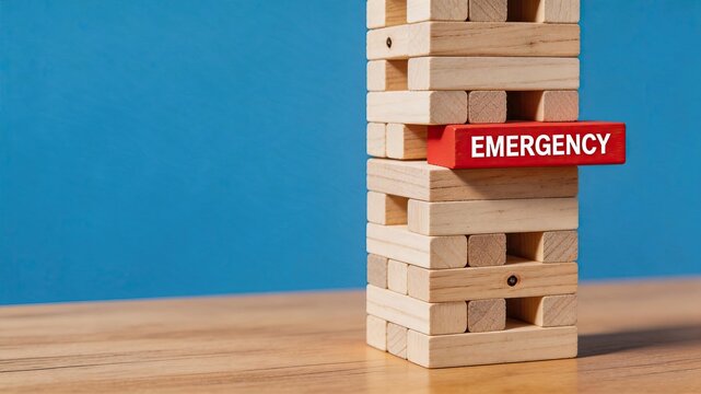 Emergency risk management and crisis concept, red wooden block labeled emergency inserted in unstable jenga tower stack against blue background