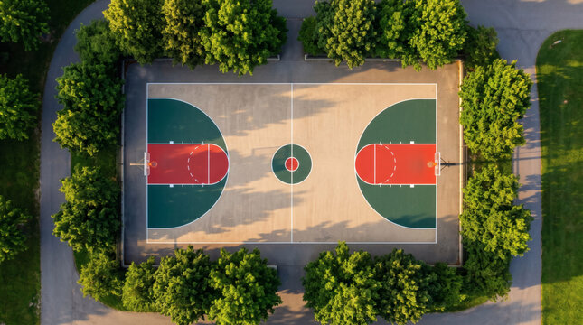Aerial Top View of Outdoor Basketball Court Surrounded by Green Trees in Urban Park