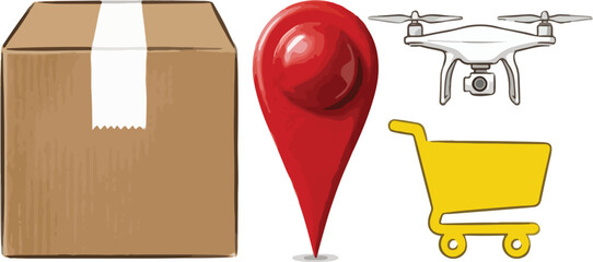 a brown cardboard box with a white tape seal, a bright red location pin, a white quadcopter drone icon, and a yellow shopping cart © Jefri