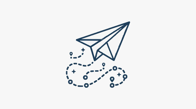 Paper airplane flying on a dotted line path with stars.