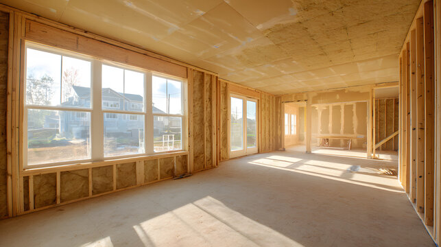 The interior of a new house under construction shows unfinished walls, ceiling, and a large window with natural light streaming in, highlighting the home renovation process