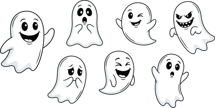 Cute Halloween Ghost Cartoon Expressions and Emotions Set