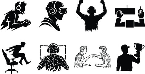 Gaming and Esports Player Silhouette Collection with VR User Streamer Champion Teamwork and Competition Icons © Designer Arif