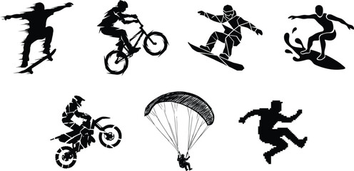 Naklejka premium Set of extreme sports silhouettes featuring skateboarder, cyclist, snowboarder, surfer, motocross rider, and paragliding action figures