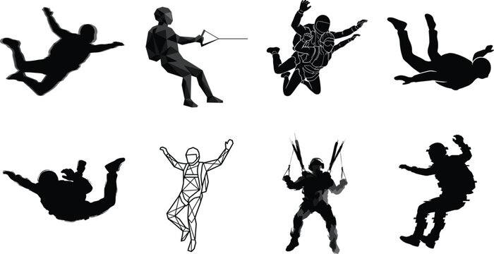 Set of professional skydiving and parachuting silhouettes featuring extreme sports athletes in various freefall and canopy poses