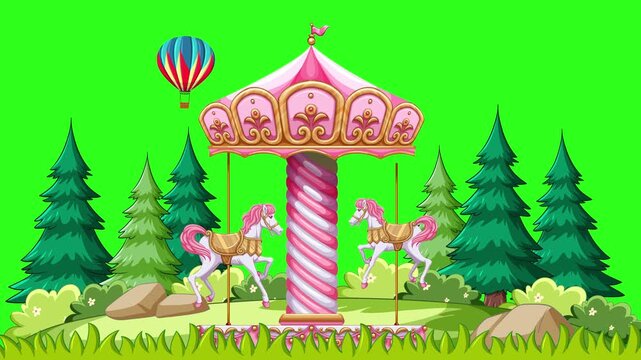 Animated Pink Carousel with Hot Air Balloons on Green Screen Background
