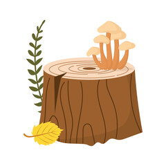 Tree stump, wooden stump with autumn forest mushrooms. Vector illustration isolated on white background. © Nadiia