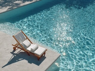 Fototapeta premium Empty sun lounger placed near a swimming pool, slightly top-down angled shot, clean minimal design with a place for text, vacation lifestyle. AI generative