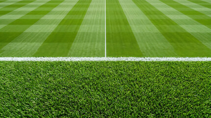 Obraz premium A vibrant green sports field with a crisp white boundary line and striped patterns in the background.