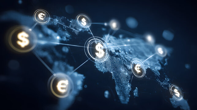 Global financial network concept connecting worldwide economy through international money transfer, currency exchange, trade, and digital banking transactions for cross-border business growth