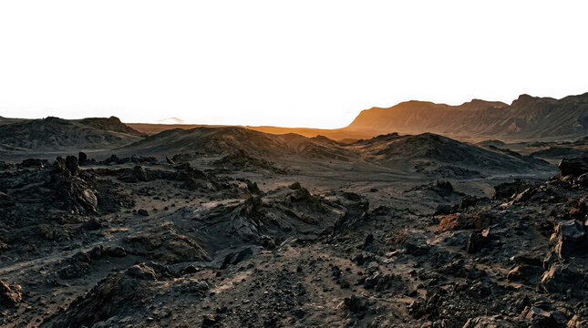 Volcanic landscape in teide national park, tenerife, canary islands, spain at sunset with rocky terrain and mountains isolated on transparent background