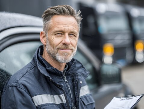 Confident truck driver with light stubble standing by truck holding shipping documents in work gloves, industry portrait. AI generative