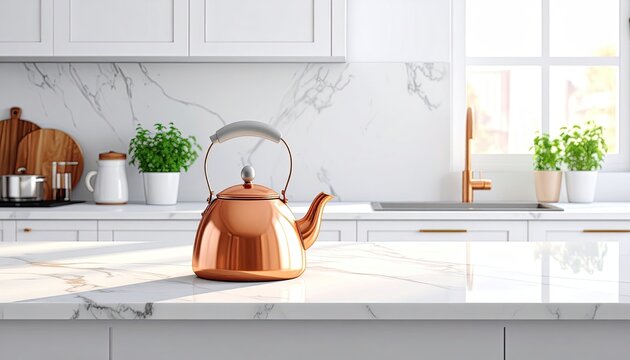 Shiny Copper Kettle on Marble Kitchen Island