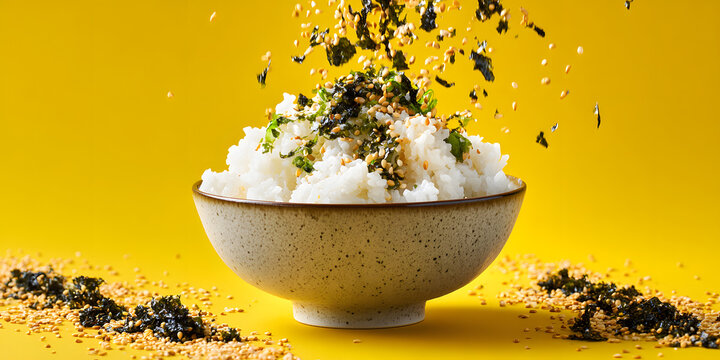 Bowl of fluffy white rice with furikake seasoning and sesame seeds falling against a bright yellow background.