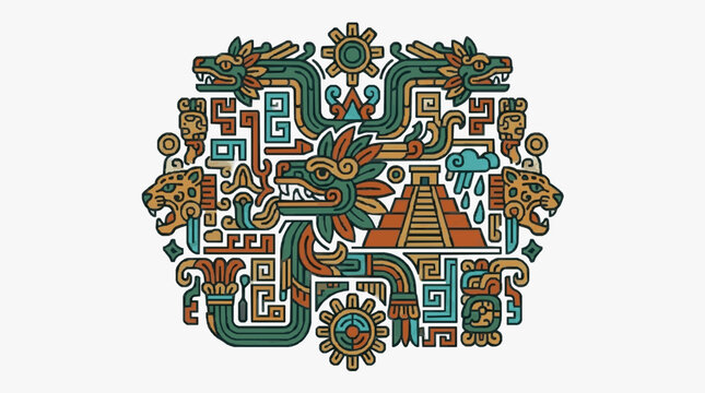 Ancient Aztec Serpent God and Symbols Illustration.