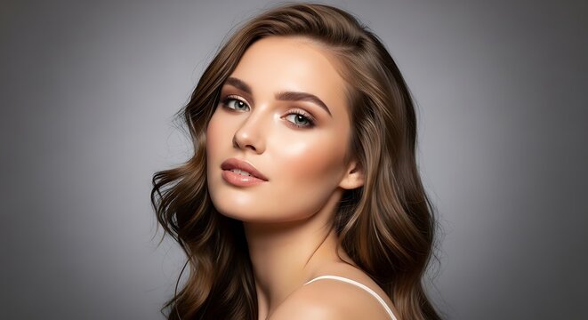 Woman with flowing hair and soft makeup against a neutral background