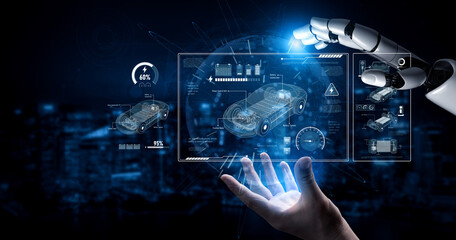 Fototapeta premium AI supports electric vehicle design by managing power systems, optimizing battery efficiency, enabling smart charging, and integrating renewable energy data Vouch