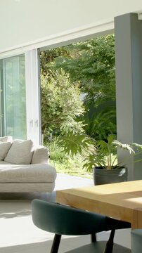 Vertical video: Panning camera starting from sofa, revealing sliding doorway in modern living area